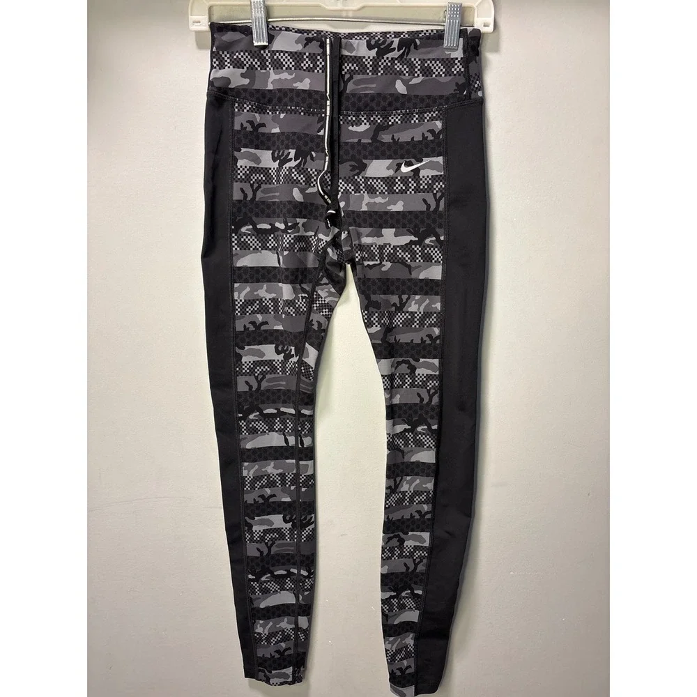 Nike Running Dri-FIT Camo Full Length Striped Leggings‎ Black Gray Zipper Pocket